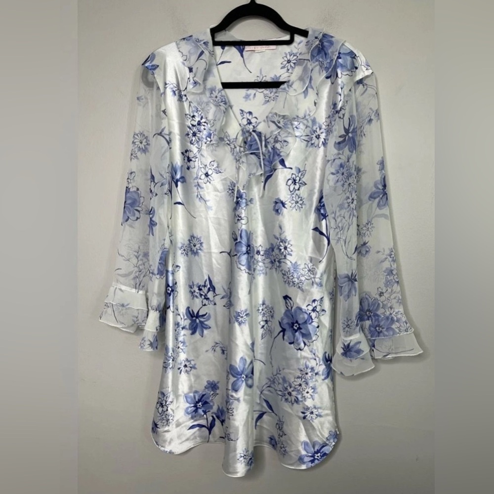 2 Piece Oscar De La Renta Pink Label Blue White Satin Robe & Nightgown Set Mediu